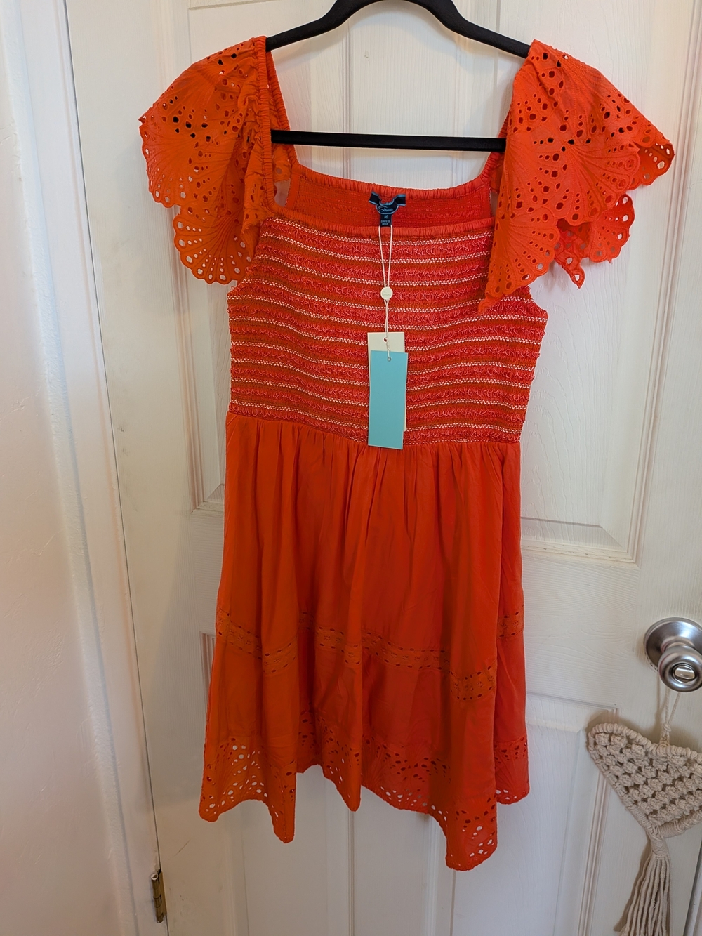 Shore brand, Eyelet Smocked Off-Shoulder Coral Orange Sundress